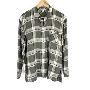 J Jill Top Size Small Womens Green Pink Button Up Flannel Shirt Long Sleeve
